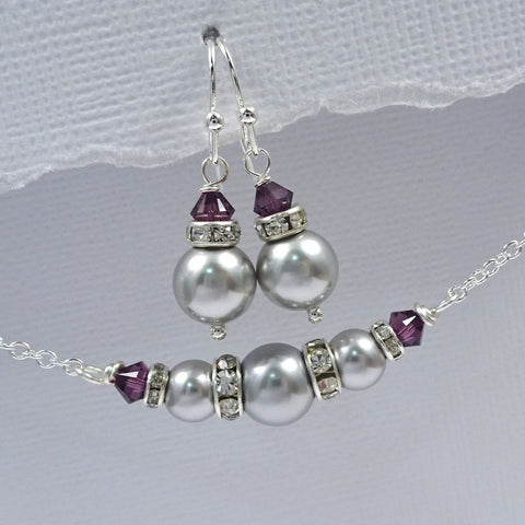 light grey and amethyst crystal necklace and earrings set