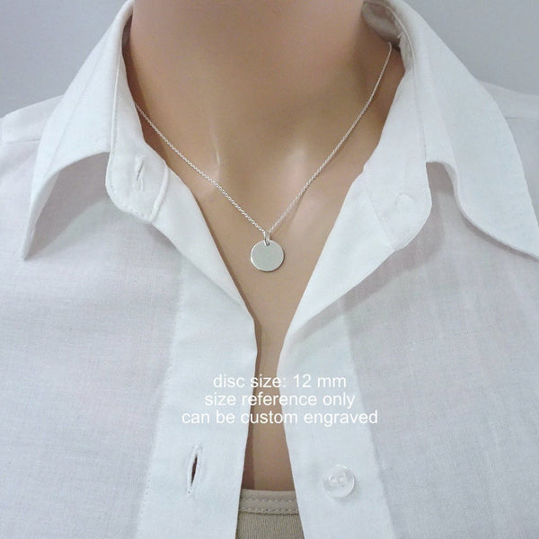 12mm disc necklace on a model mannequin