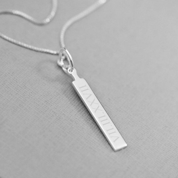 engraved roman numeral bar necklace