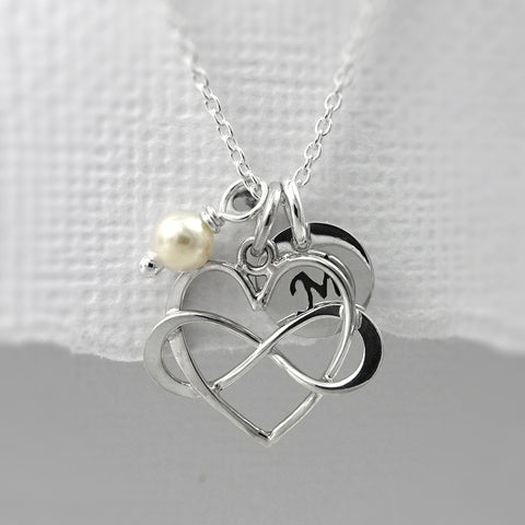 heart infinity necklace with ivory pearl and initial charm
