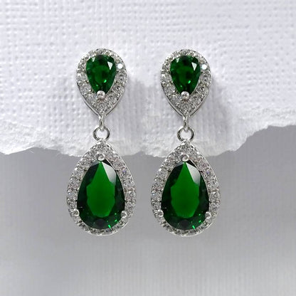 dark green cubic zirconia crystal drop earrings in silver plated setting