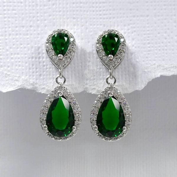 dark green cubic zirconia crystal drop earrings in silver plated setting