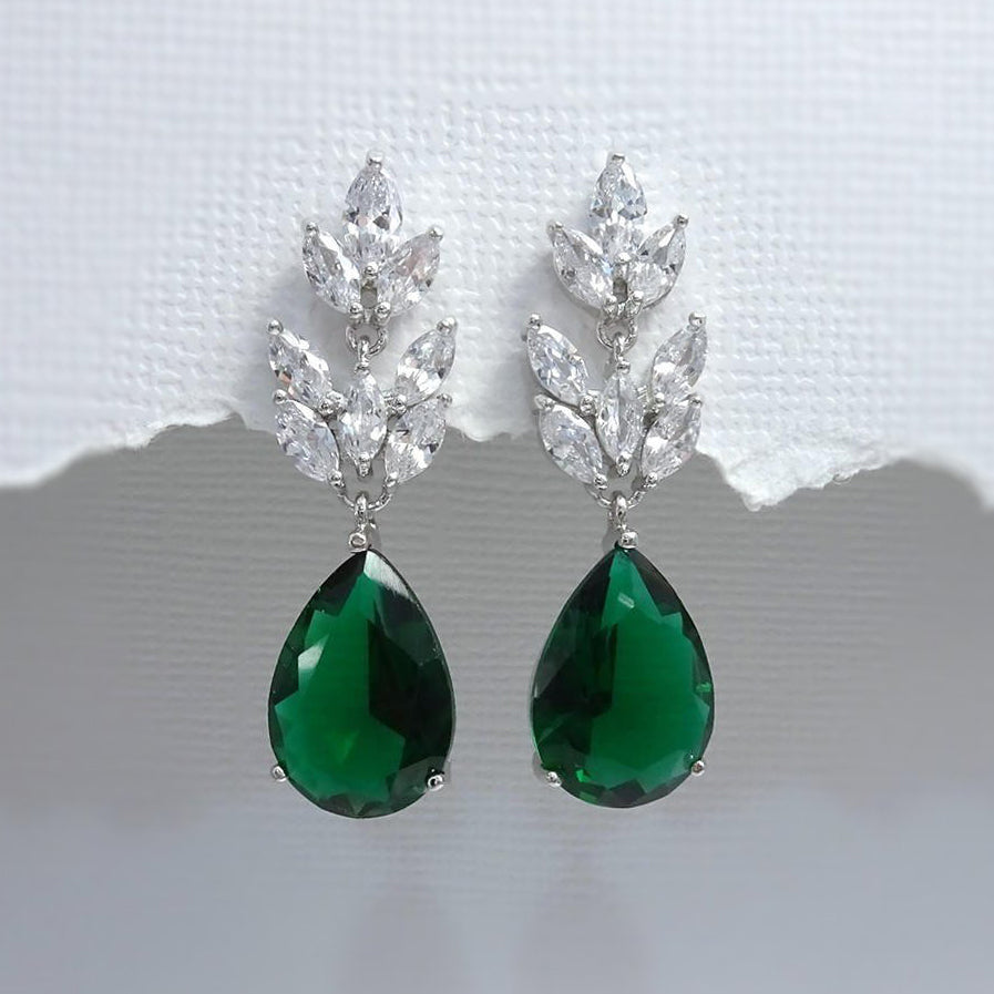 dark green cubic zirconia crystal drop earrings in silver plated setting