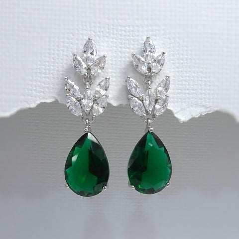 dark green cubic zirconia crystal drop earrings in silver plated setting