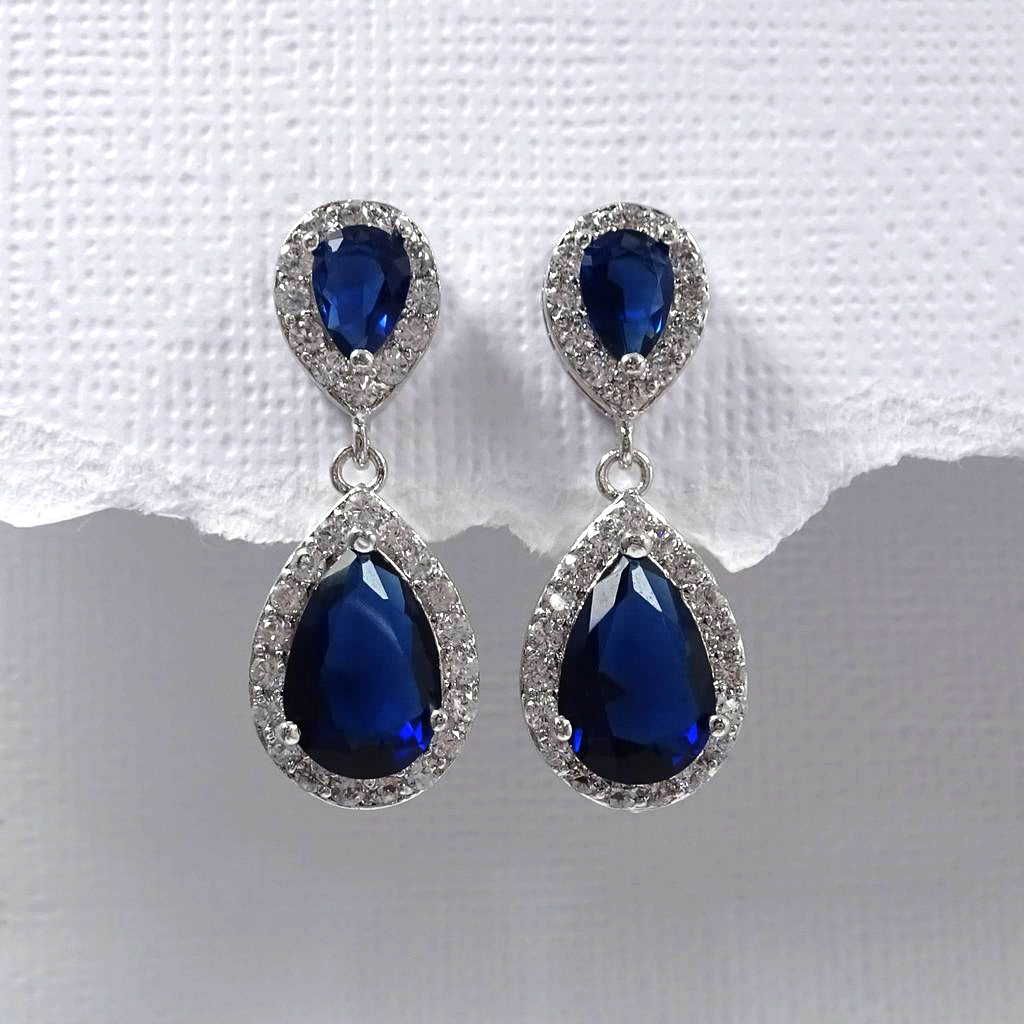 dark blue cubic zirconia crystal drop earrings in silver plated setting