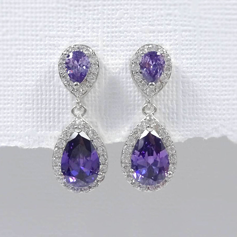 purple cubic zirconia crystal drop earrings in silver plated setting