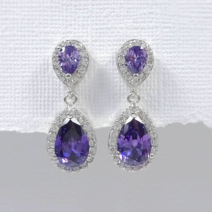 purple cubic zirconia crystal drop earrings in silver plated setting