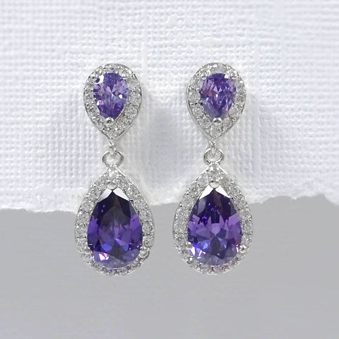 purple cubic zirconia crystal drop earrings in silver plated setting