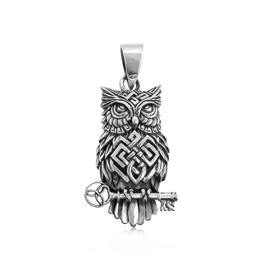 Sterling Silver Owl Pendant with Oxidized Finish, 30mm