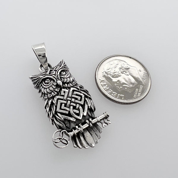 Sterling Silver Owl Pendant with Oxidized Finish, 30mm