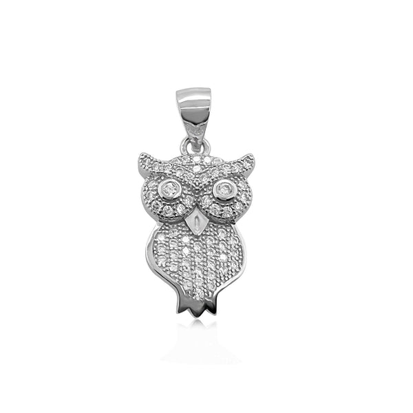 Sterling Silver and Cubic Zirconia Owl Pendant, 20mm