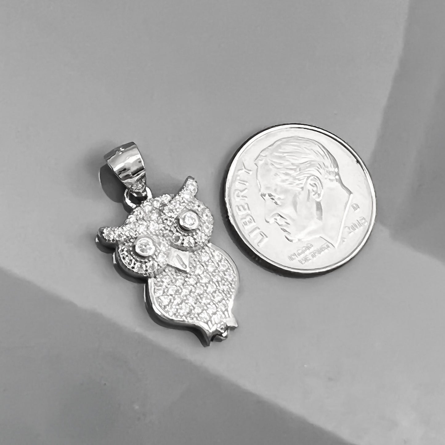 Sterling Silver and Cubic Zirconia Owl Pendant, 20mm