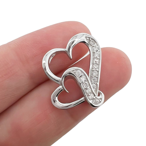 Sterling Silver Double Heart Pendant with Cubic Zirconia Crystals, 19mm