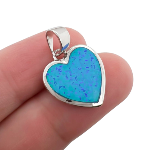 Sterling Silver Heart Pendant with Lab Created Blue Opal, 16mm