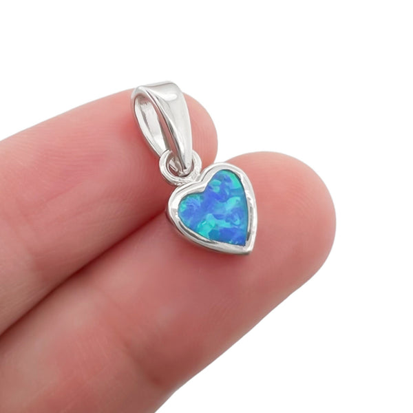 Sterling Silver Tiny Heart Pendant with Lab Created Blue Opal, 8mm