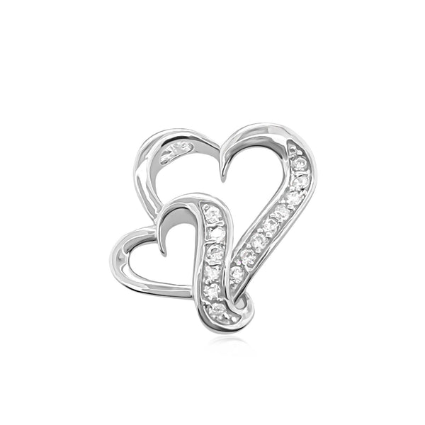 Sterling Silver Double Heart Pendant with Cubic Zirconia Crystals, 19mm
