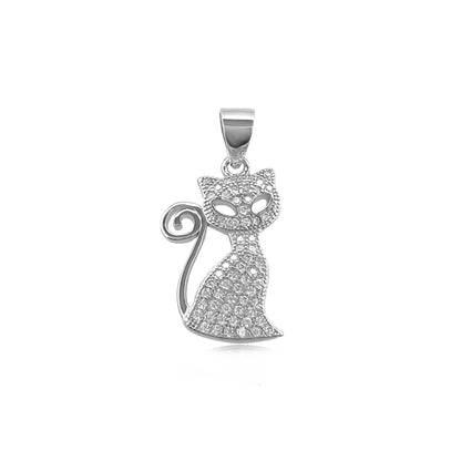 Sterling Silver and Cubic Zirconia Cat Pendant, 20mm