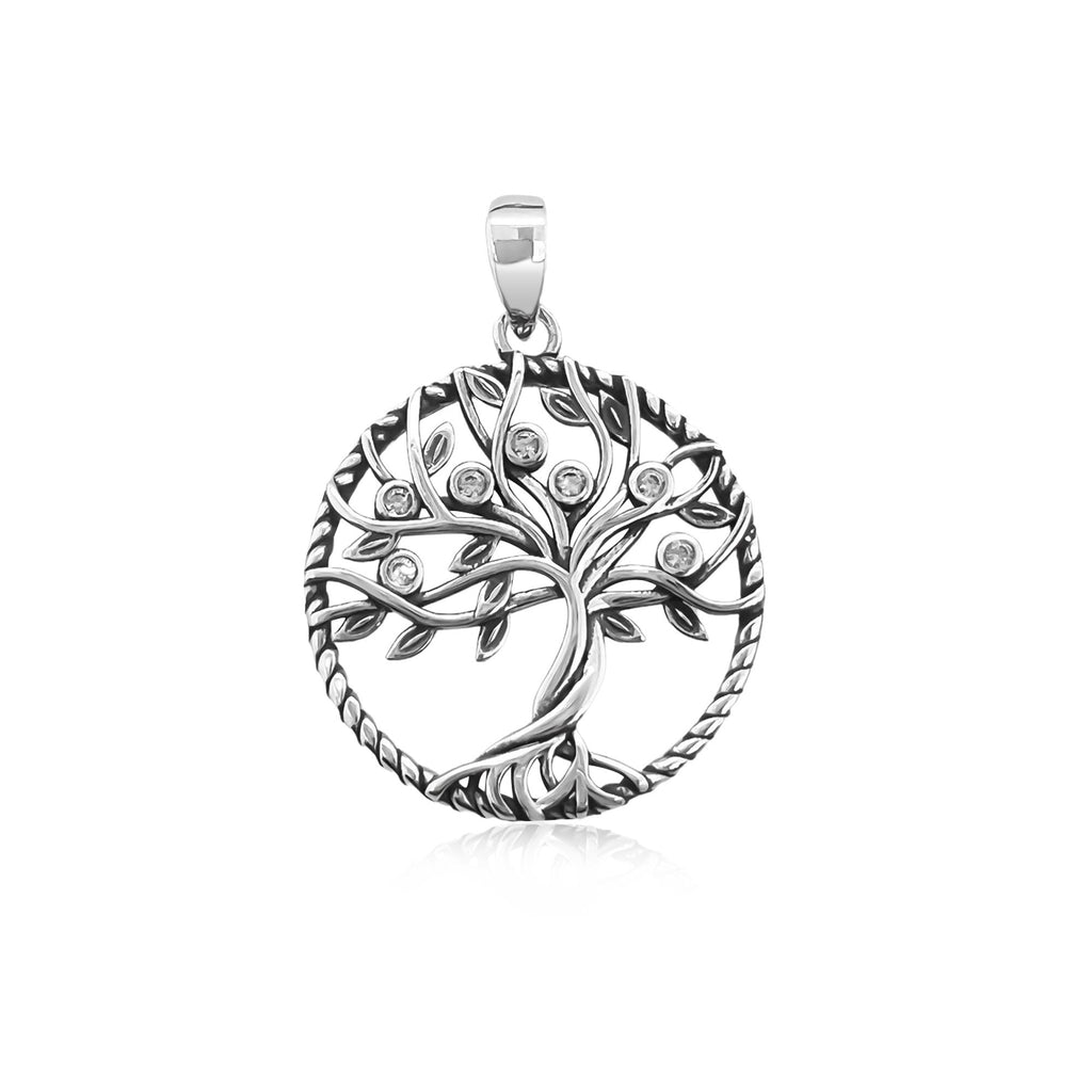 Sterling Silver Tree of Life Pendant with Cubic Zirconia Crystals, 20mm