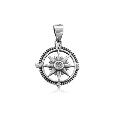 Sterling Silver Compass Pendant with Oxidized Finish and Cubic Zirconia Crystal, 16mm