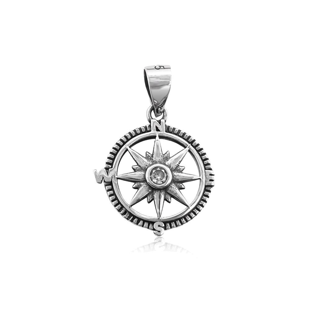 Sterling Silver Compass Pendant with Oxidized Finish and Cubic Zirconia Crystal, 16mm