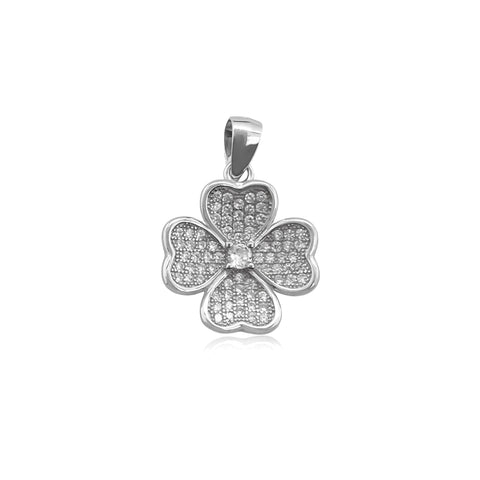 Sterling Silver Four Leaf Clover Pendant with Cubic Zirconia Crystals, Shamrock Pendant, St. Patrick's Day Pendant, 15mm
