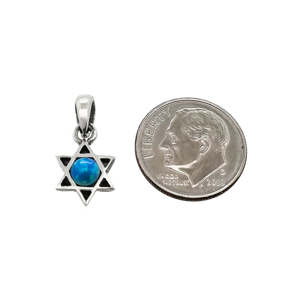 Small Sterling Silver Star of David Pendant with Lab Created Blue Opal, 9mm