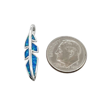 Sterling Silver Feather Pendant with Lab Created Blue Opal, 26mm