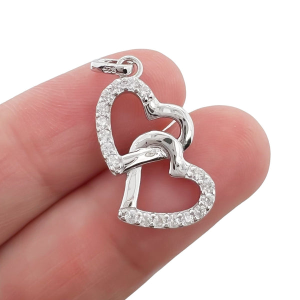 Sterling Silver Double Heart Pendant with Cubic Zirconia Crystals, 22mm