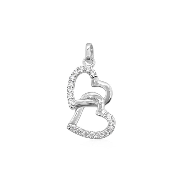 Sterling Silver Double Heart Pendant with Cubic Zirconia Crystals, 22mm