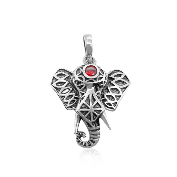Sterling Silver Elephant Head Pendant with Oxidized Finish and Red Crystal, 32mm