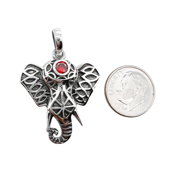 Sterling Silver Elephant Head Pendant with Oxidized Finish and Red Crystal, 32mm