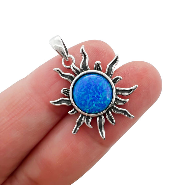 Sterling Silver Sun Pendant with Oxidized Finish and Blue Lab Opal, 21mm