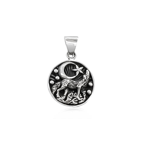 Sterling Silver Wolf Pendant with Oxidized Finish and Moon and Star Detail, 16mm