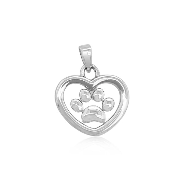 Sterling Silver Dog Paw and Heart Pendant, 16mm