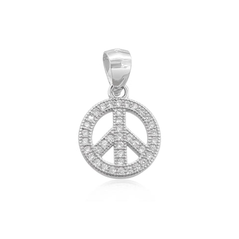 Sterling Silver Peace Sign Pendant with Cubic Zirconia Crystals, 11mm