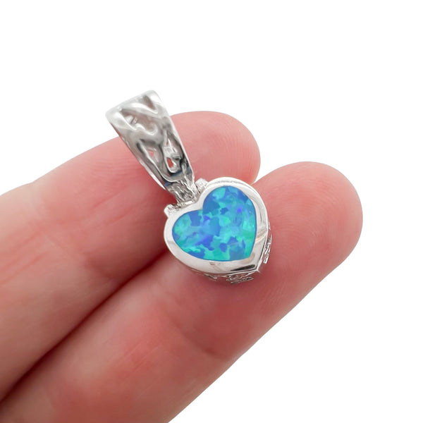 Sterling Silver Tiny Heart Pendant with Lab Created Blue Opal, 9.5mm