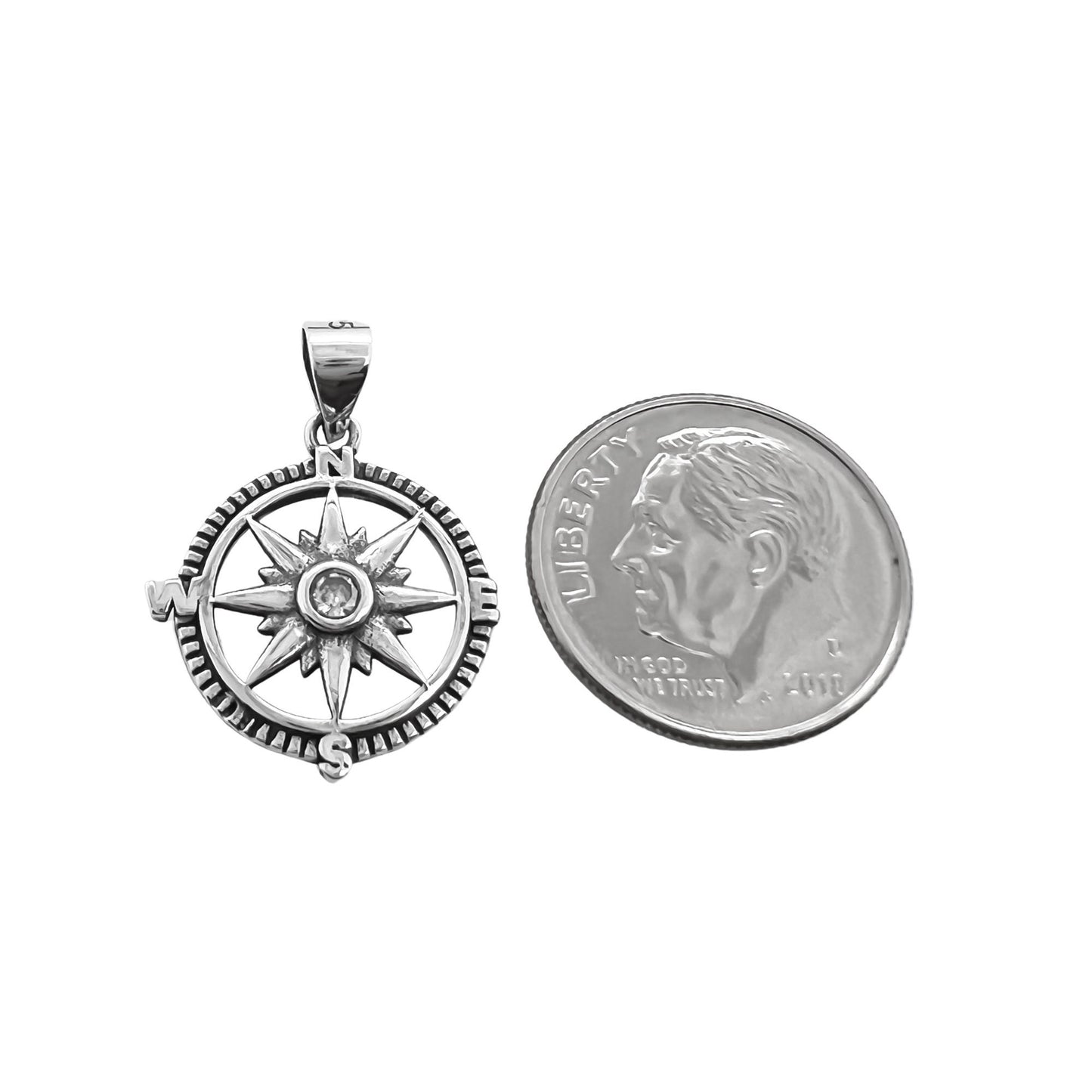 Sterling Silver Compass Pendant with Oxidized Finish and Cubic Zirconia Crystal, 16mm