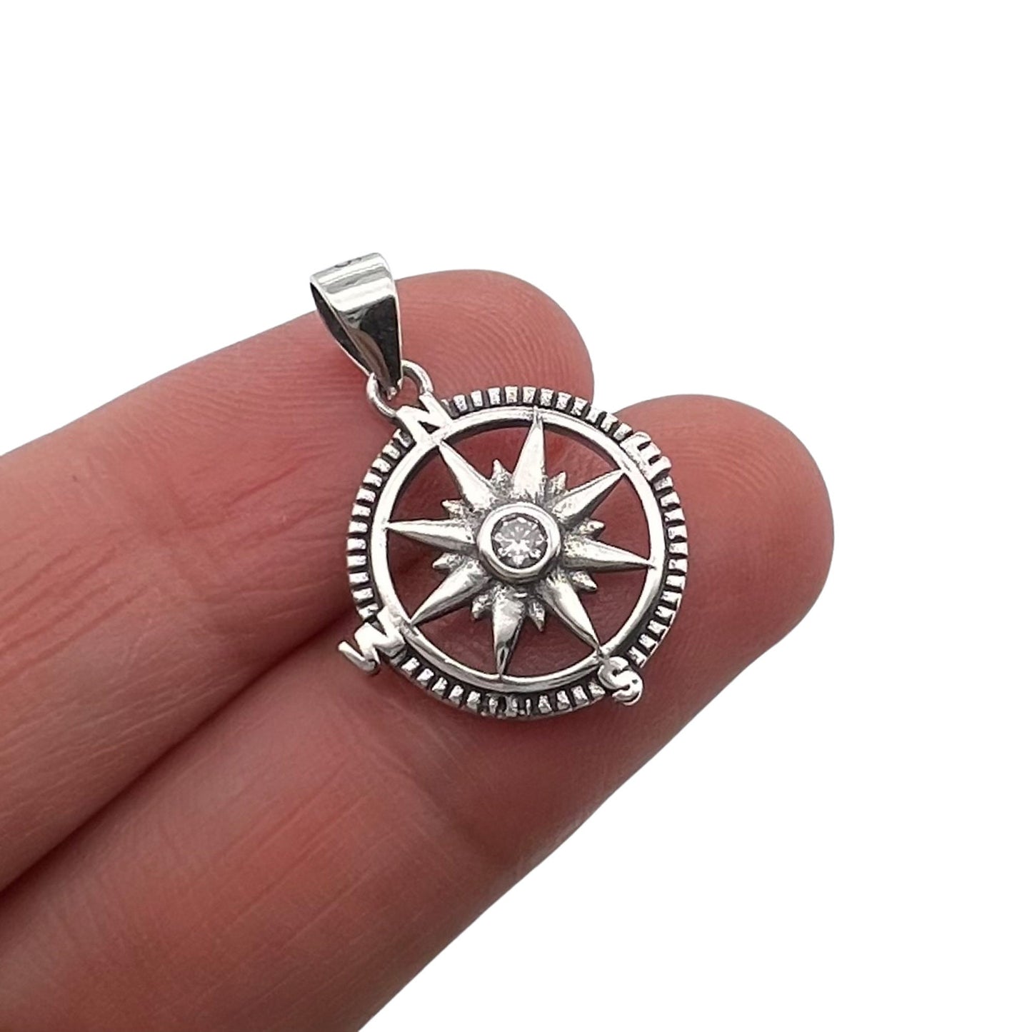 Sterling Silver Compass Pendant with Oxidized Finish and Cubic Zirconia Crystal, 16mm