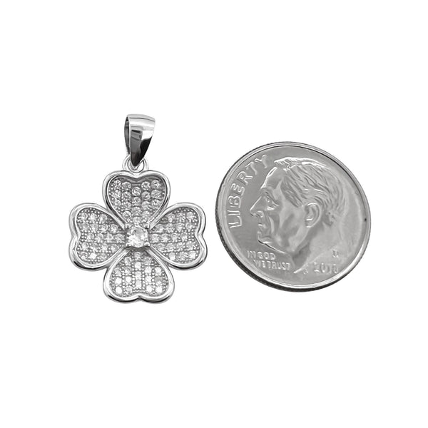 Sterling Silver Four Leaf Clover Pendant with Cubic Zirconia Crystals, Shamrock Pendant, St. Patrick's Day Pendant, 15mm