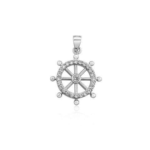 Sterling Silver Wheel, Helm, Nautical Pendant with Cubic Zirconia Crystals, 19mm