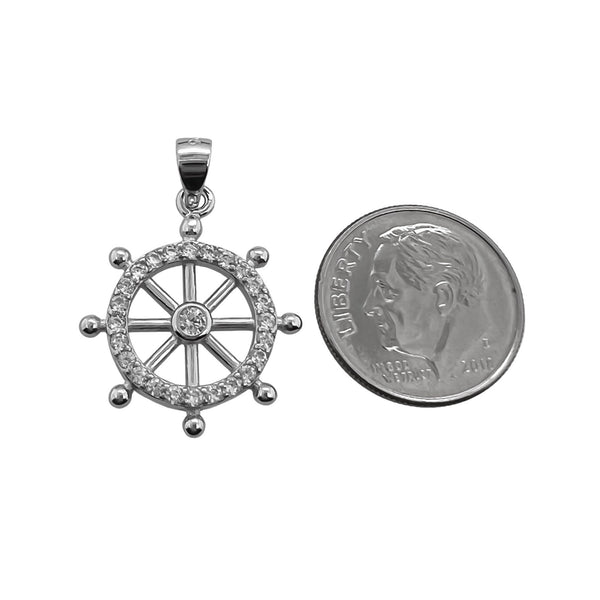 Sterling Silver Wheel, Helm, Nautical Pendant with Cubic Zirconia Crystals, 19mm