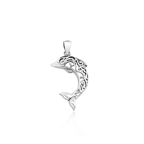 Small Sterling Silver Dolphin Pendant with Oxidized Finish, 22mm
