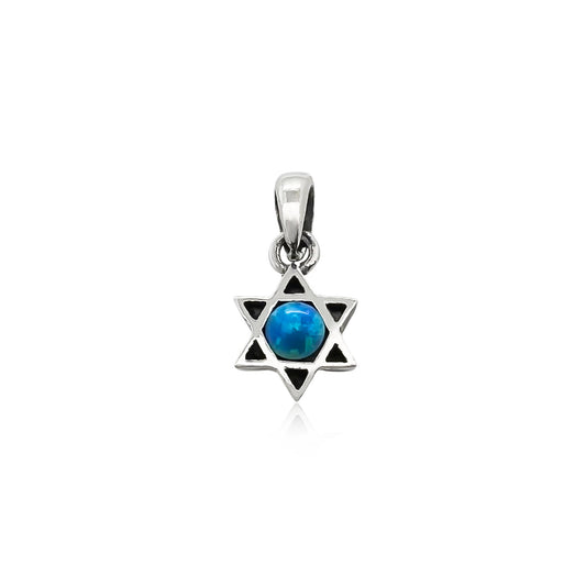 Small Sterling Silver Star of David Pendant with Lab Created Blue Opal, 9mm