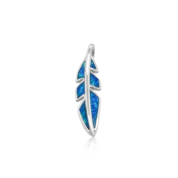 Sterling Silver Feather Pendant with Lab Created Blue Opal, 26mm