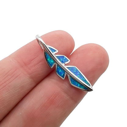 Sterling Silver Feather Pendant with Lab Created Blue Opal, 26mm