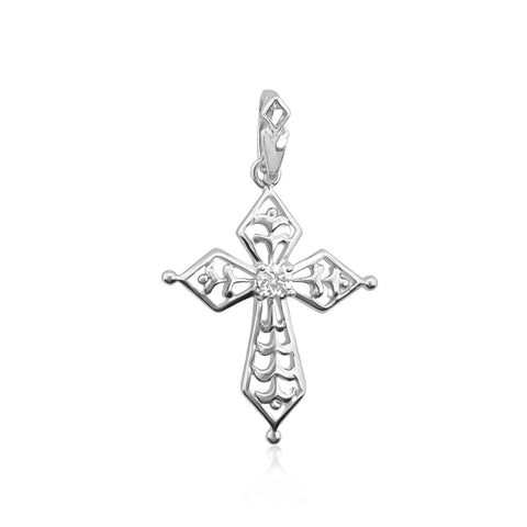 Sterling Silver Cross Pendant with Cubic Zirconia Crystal, 26mm