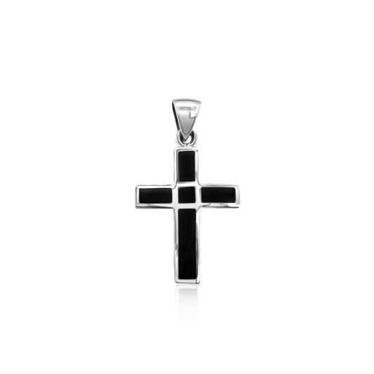 Sterling Silver Cross Pendant with Black Onyx, 27mm