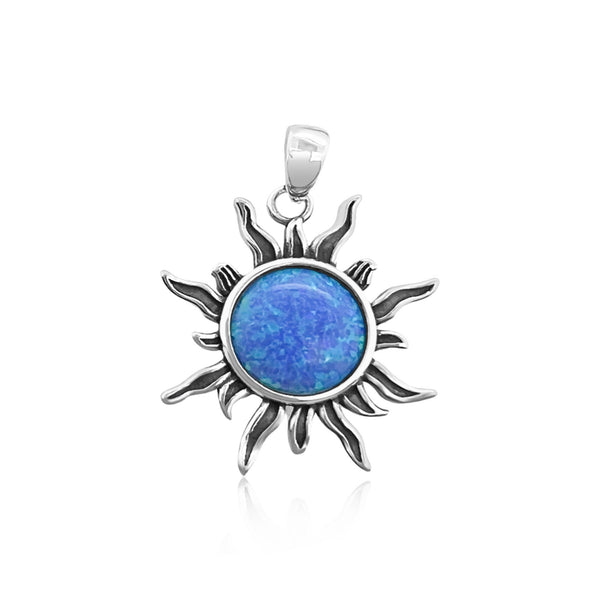 Sterling Silver Sun Pendant with Oxidized Finish and Blue Lab Opal, 21mm