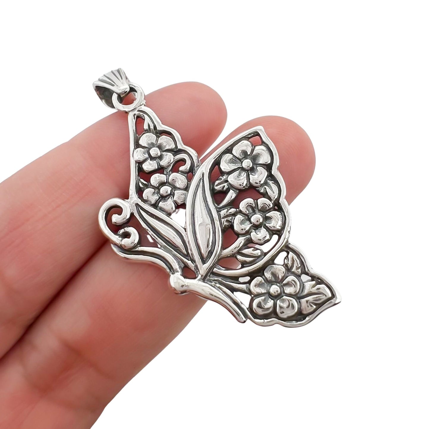 Sterling Silver Butterfly Pendant With Oxidized Finish, 42mm