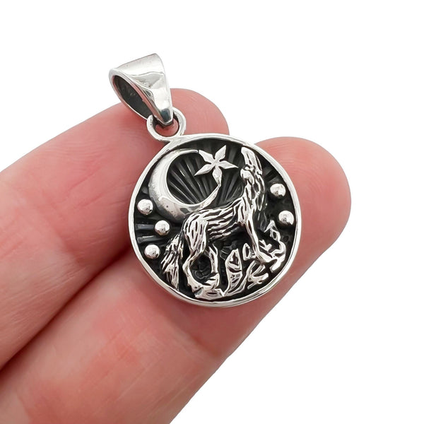Sterling Silver Wolf Pendant with Oxidized Finish and Moon and Star Detail, 16mm
